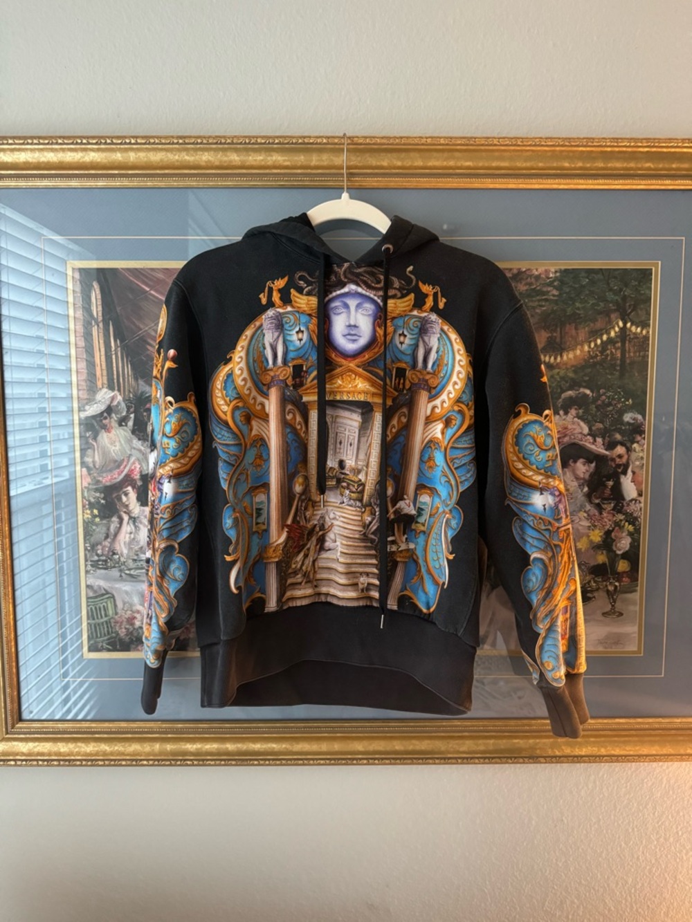 Versace Olympus Black Hoodie with Blue & Gold Baroque Print